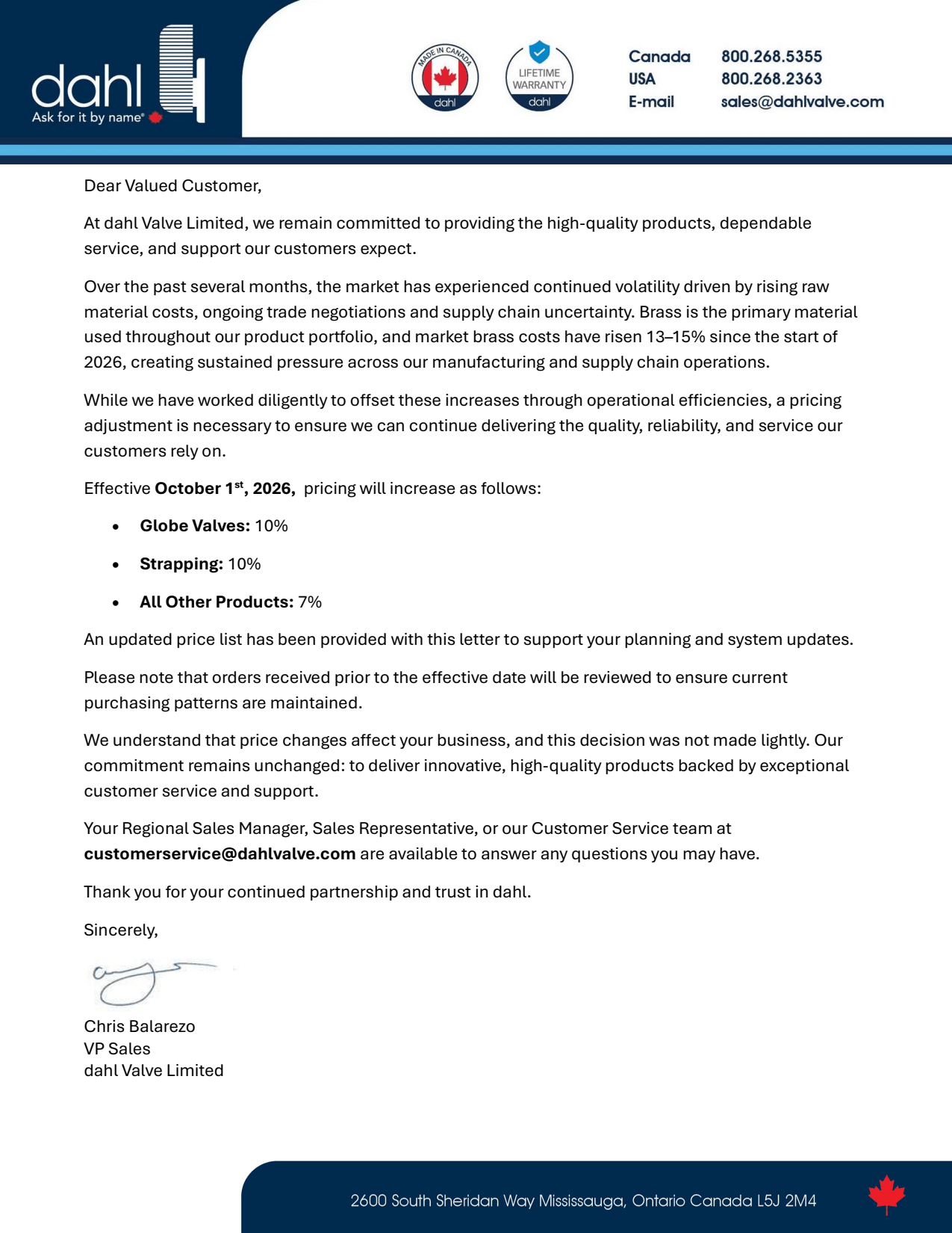 dahl Valve pricing update effective October 1, 2026, with price increases of 7% to 10%