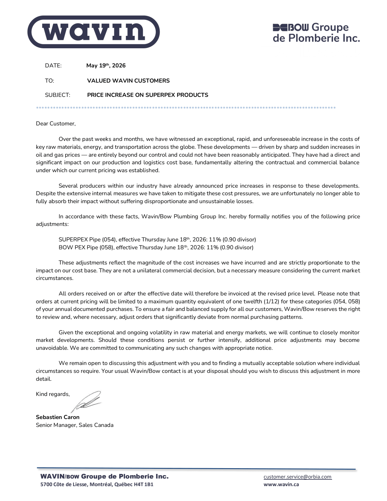 Wavin/Bow pricing update effective June 18, 2026, announcing an 11% increase on SUPERPEX Pipe and BOW PEX Pipe