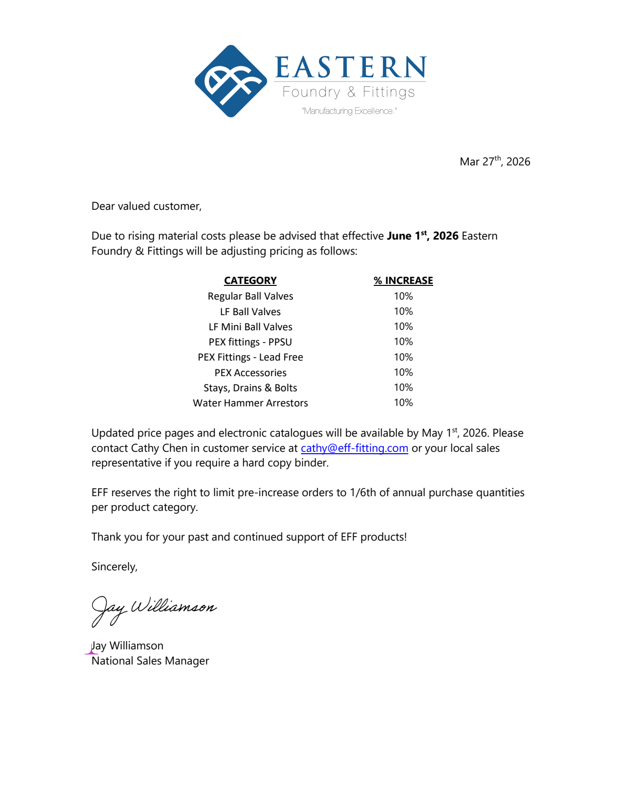 Eastern Foundry & Fittings pricing update effective June 1, 2026, with 10% increases across select plumbing product categories