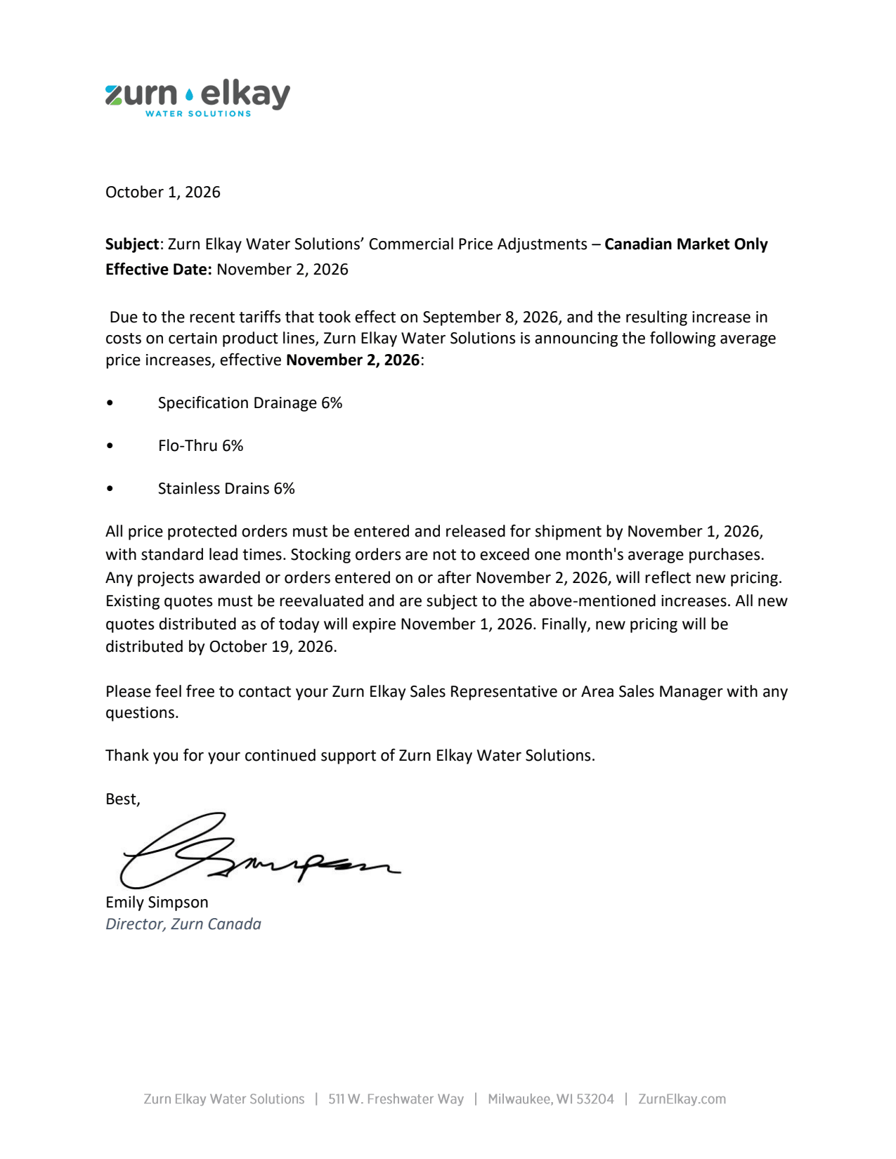 Zurn Elkay Water Solutions pricing announcement effective November 2, 2026, detailing 6% increases on select drainage products in Canada