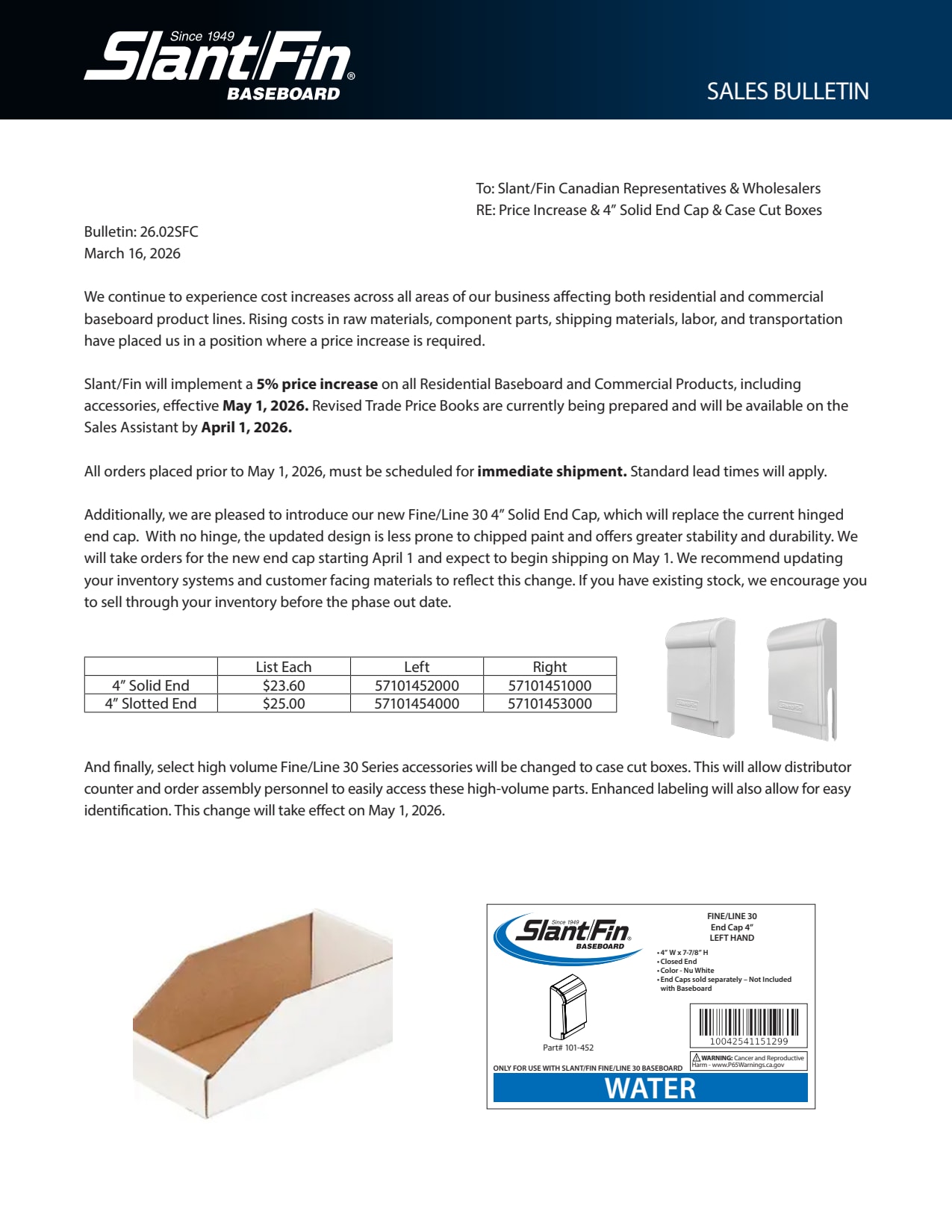 Slant/Fin pricing update effective May 1, 2026, announcing a 5% increase on residential baseboard, commercial products, and accessories