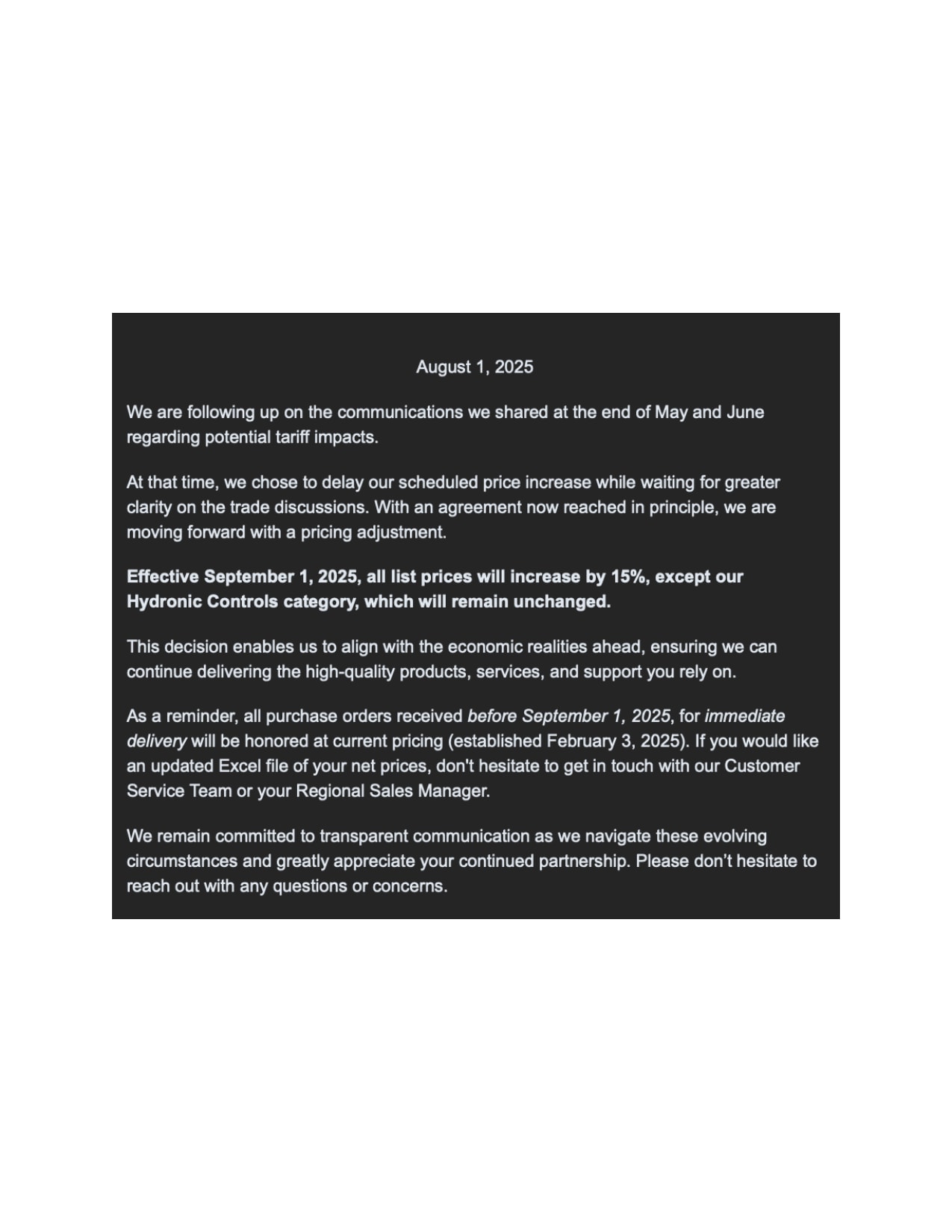 Alt="Caleffi September 1, 2025 pricing update notice announcing a 15% list price increase, excluding Hydronic Controls, with current pricing honored on orders placed before September 1.