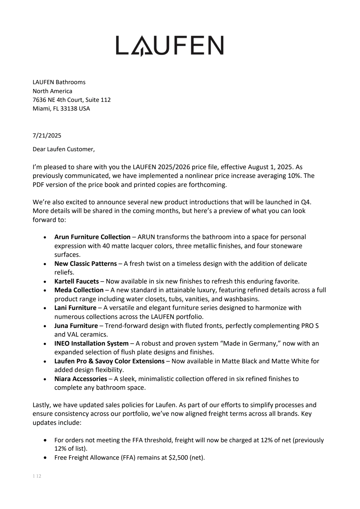 Laufen August 1, 2025 pricing update announcing a nonlinear 10% average price increase across product lines.