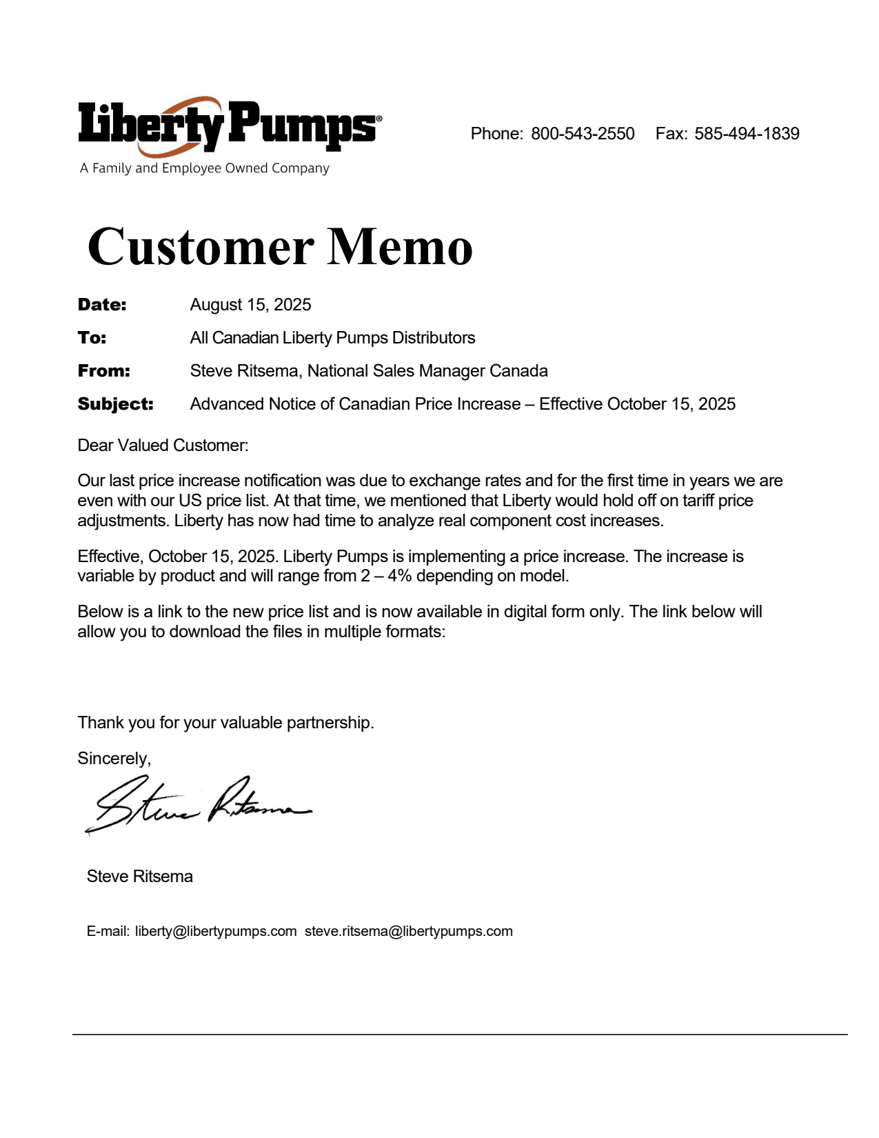 Liberty Pumps October 15, 2025 pricing update with 2–4% increase