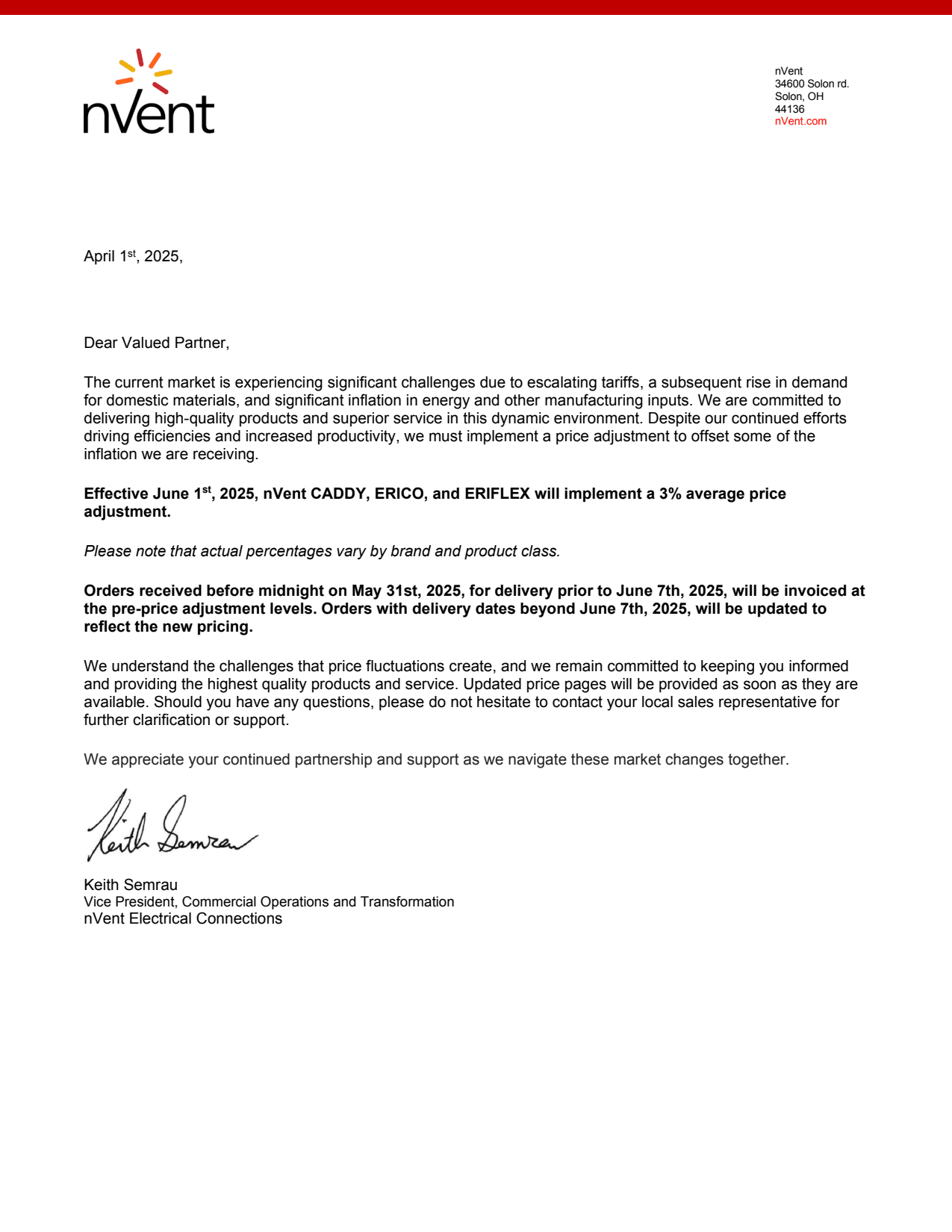 nVent CADDY, ERICO and ERIFLEX pricing update effective June 1, 2025, with a 3% average price adjustment