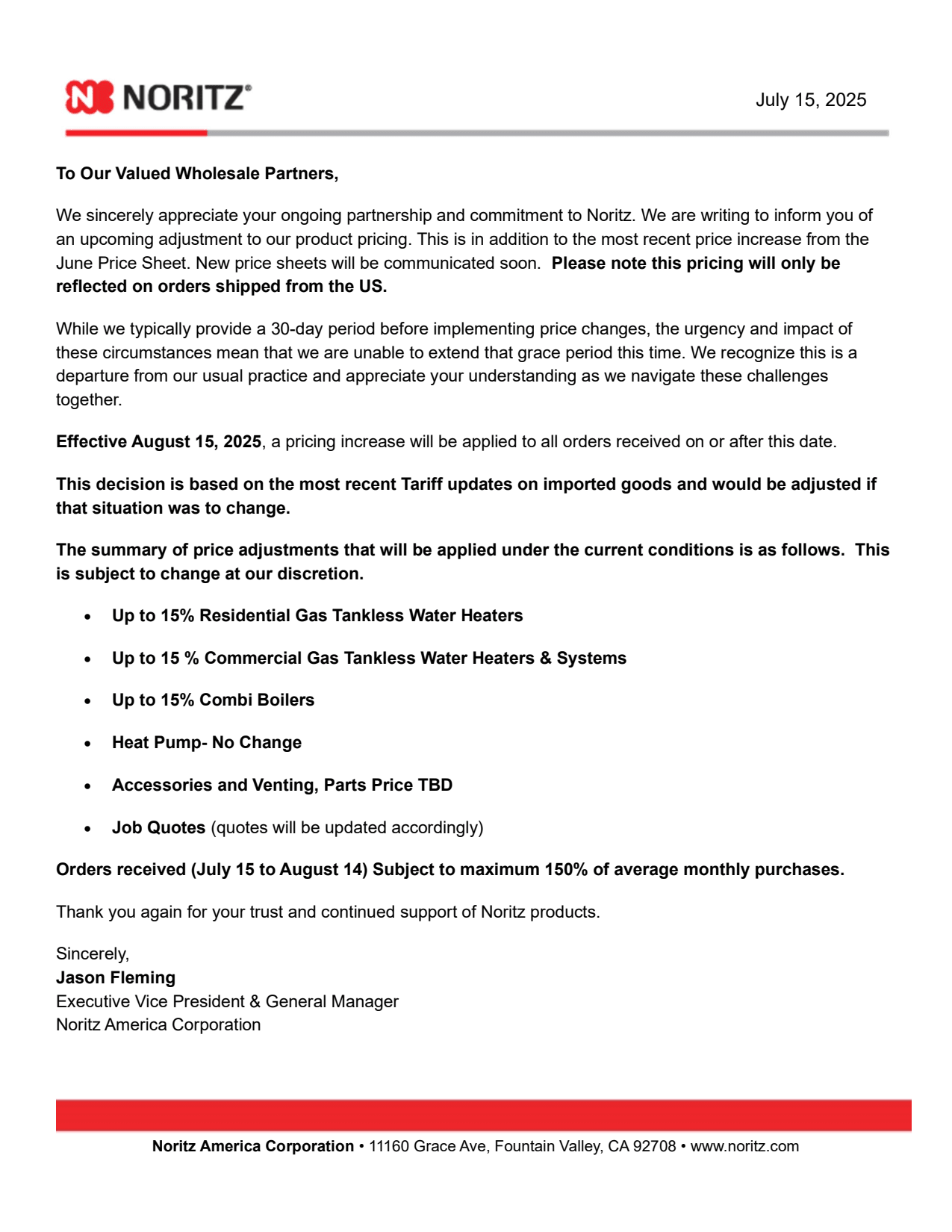 Noritz pricing update effective August 15, 2025 with up to 15% increase on residential and commercial gas tankless water heaters and combi boilers.