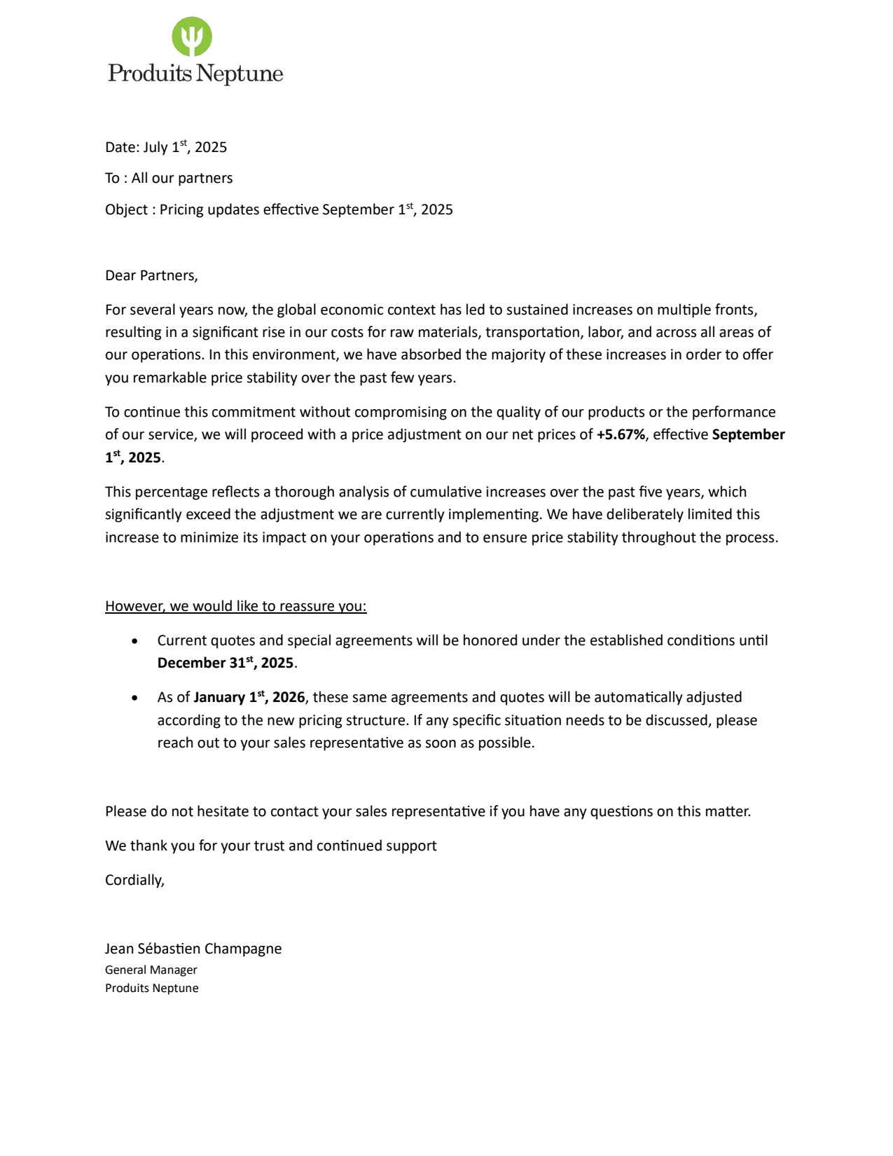 Produits Neptune pricing update effective September 1, 2025 with a 5.67% net price increase, current quotes honored until December 31, 2025.