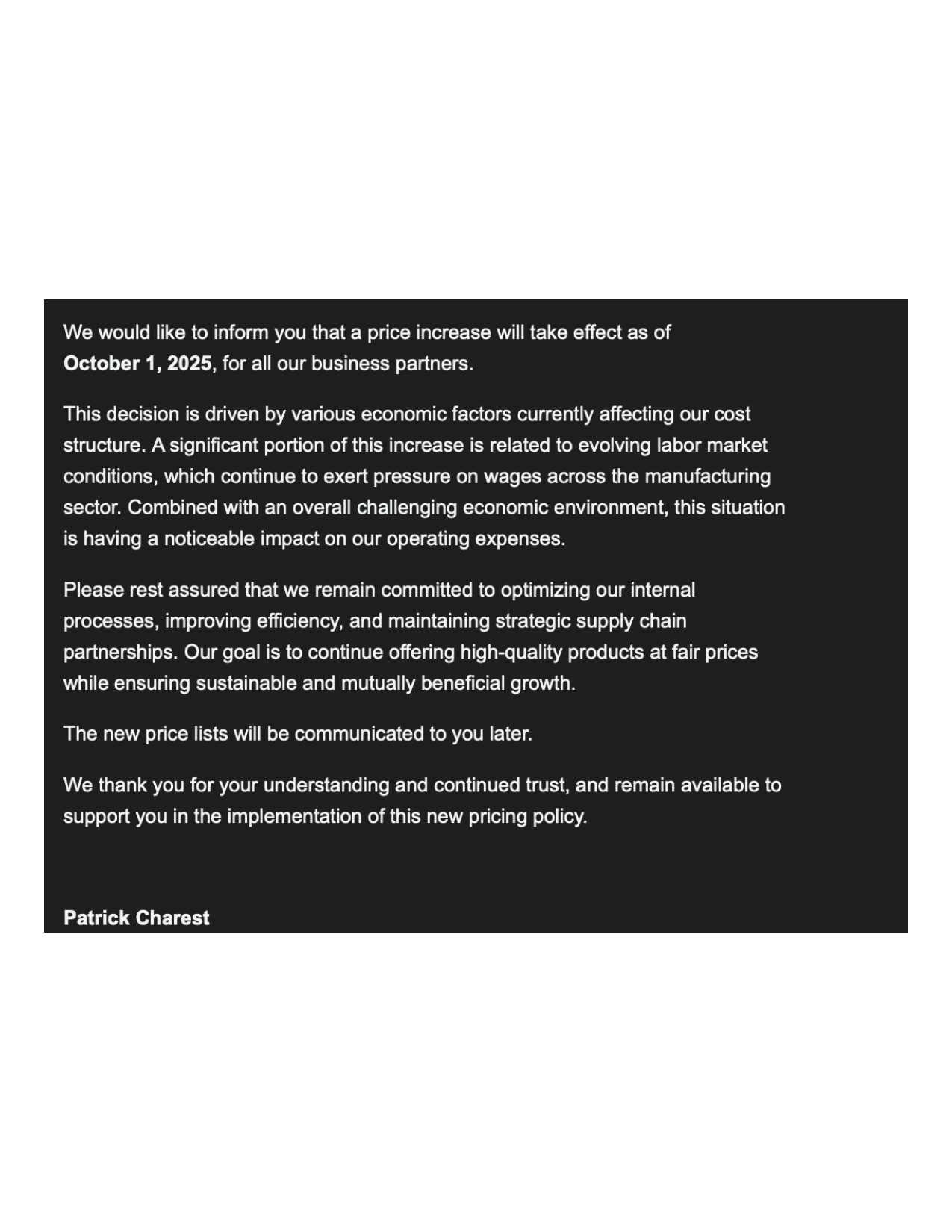 Pricing update effective October 1, 2025 due to labor market pressures and rising operating costs.