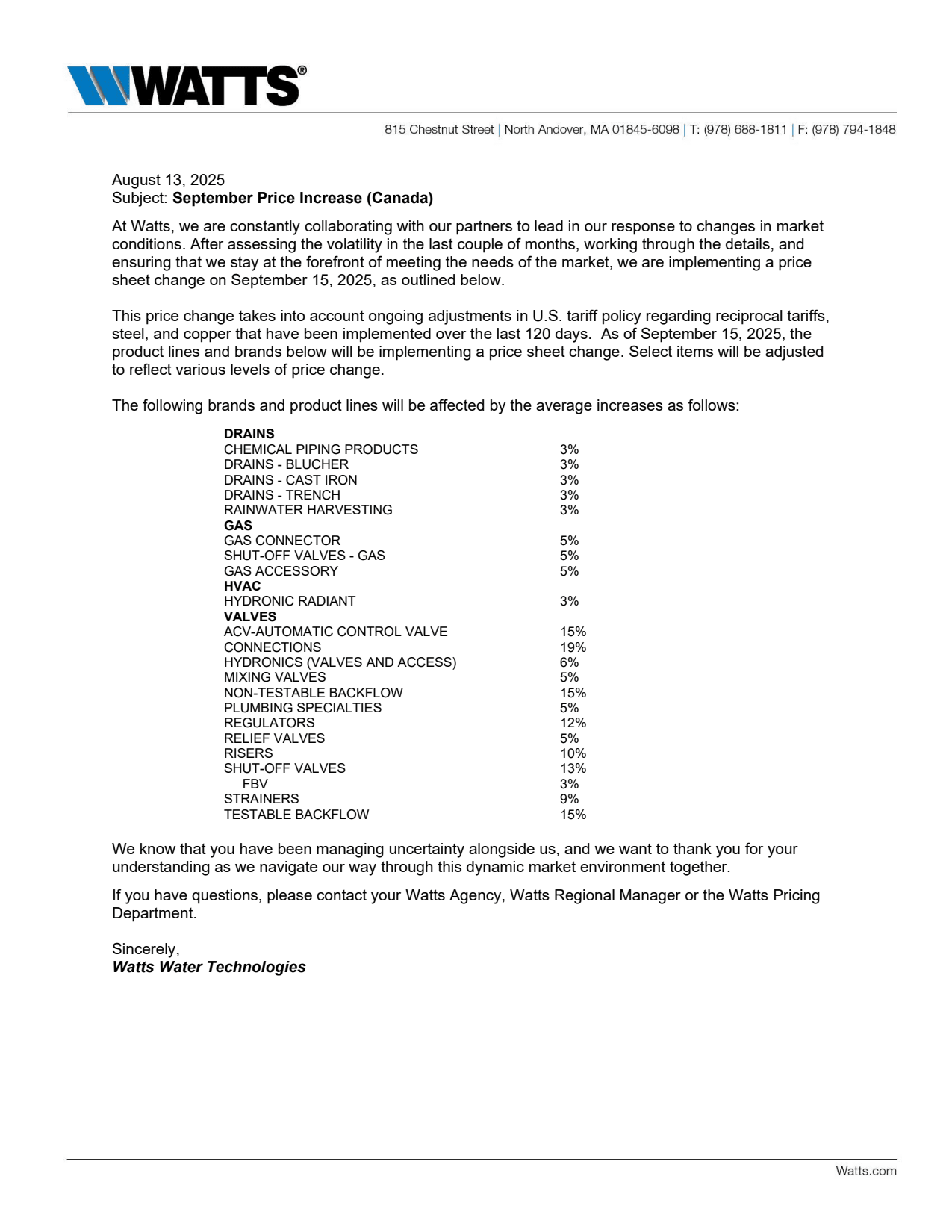 Watts September 15, 2025 pricing update with increases up to 19%