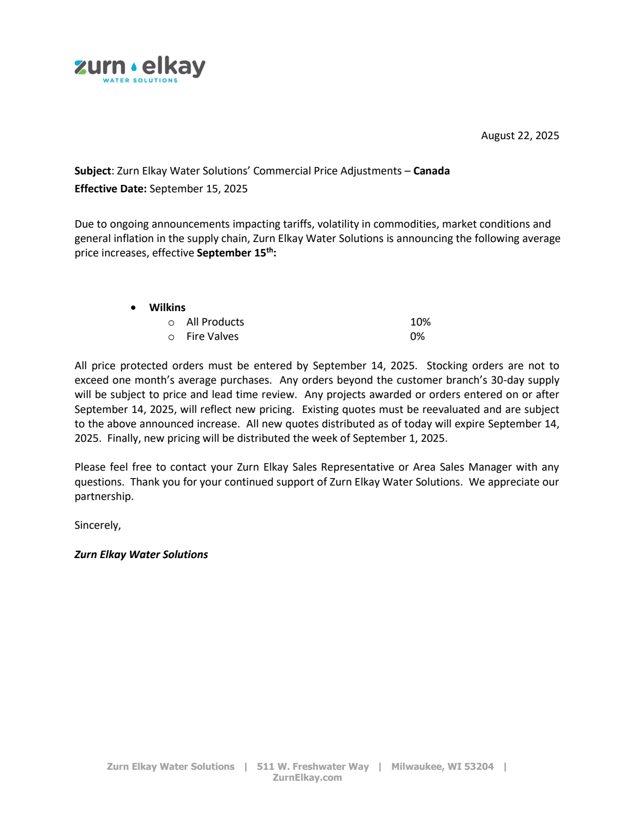 Zurn Elkay September 15, 2025 pricing update with 10% increase on Fire Valves"