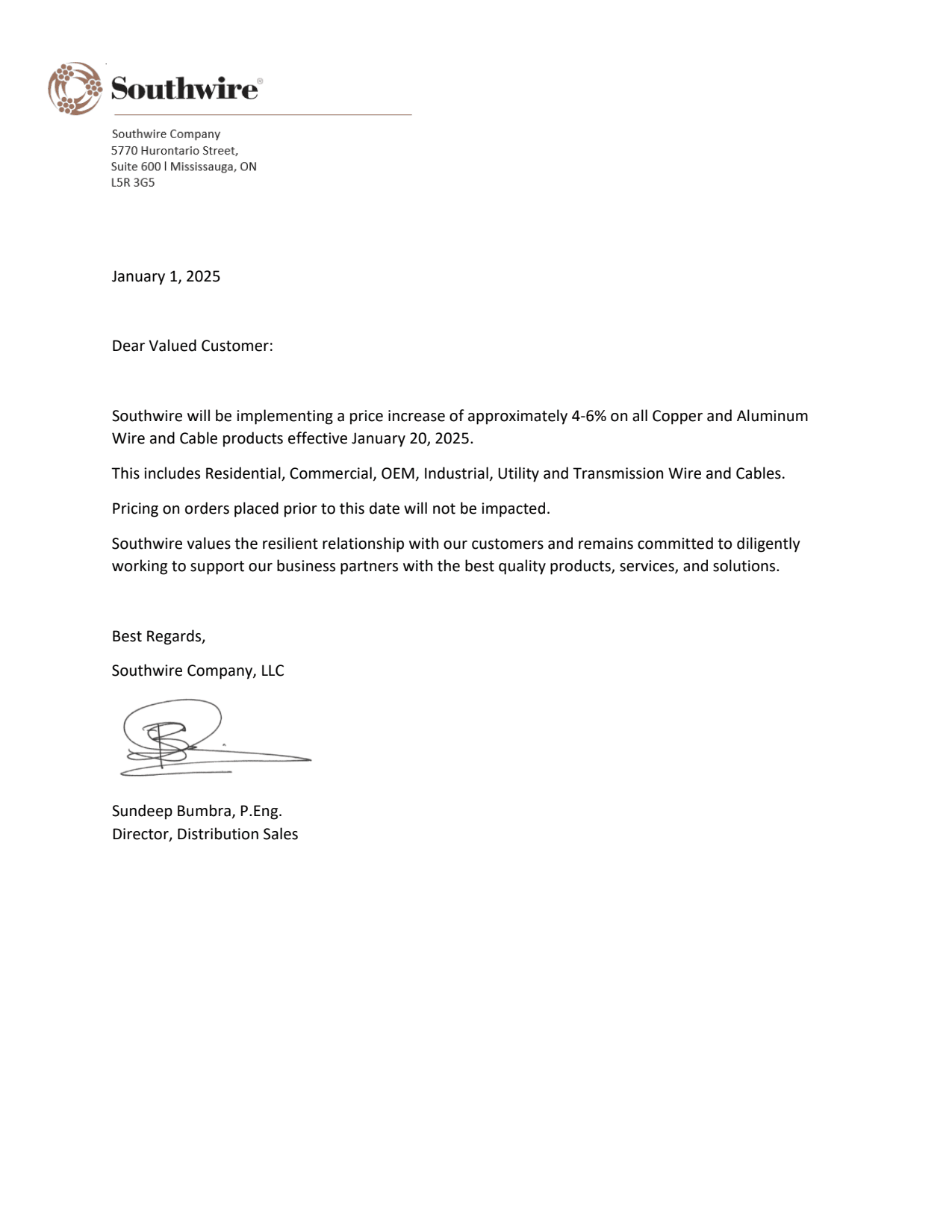 Letter from Southwire announcing a price increase.