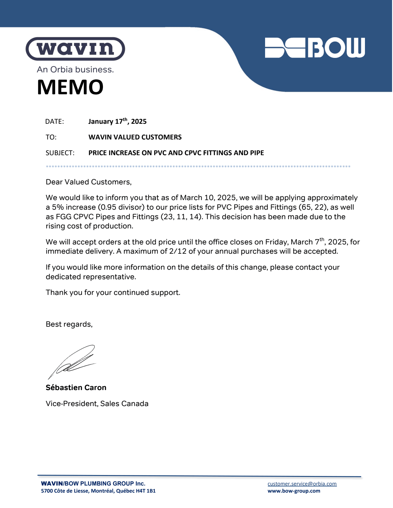 Price Increase Letter from Bow Plastics Ltd.