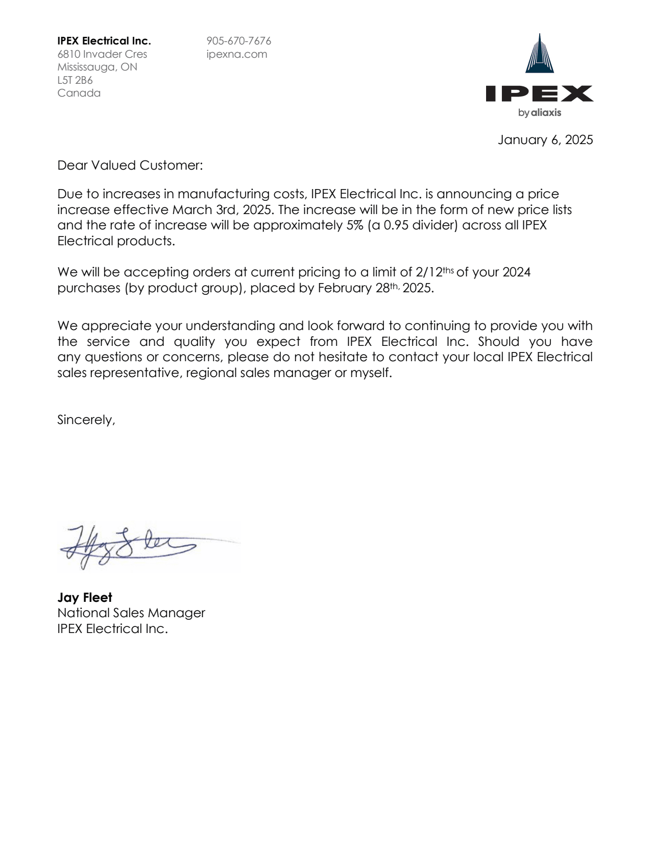 Letter from Ipex announcing a price increase.