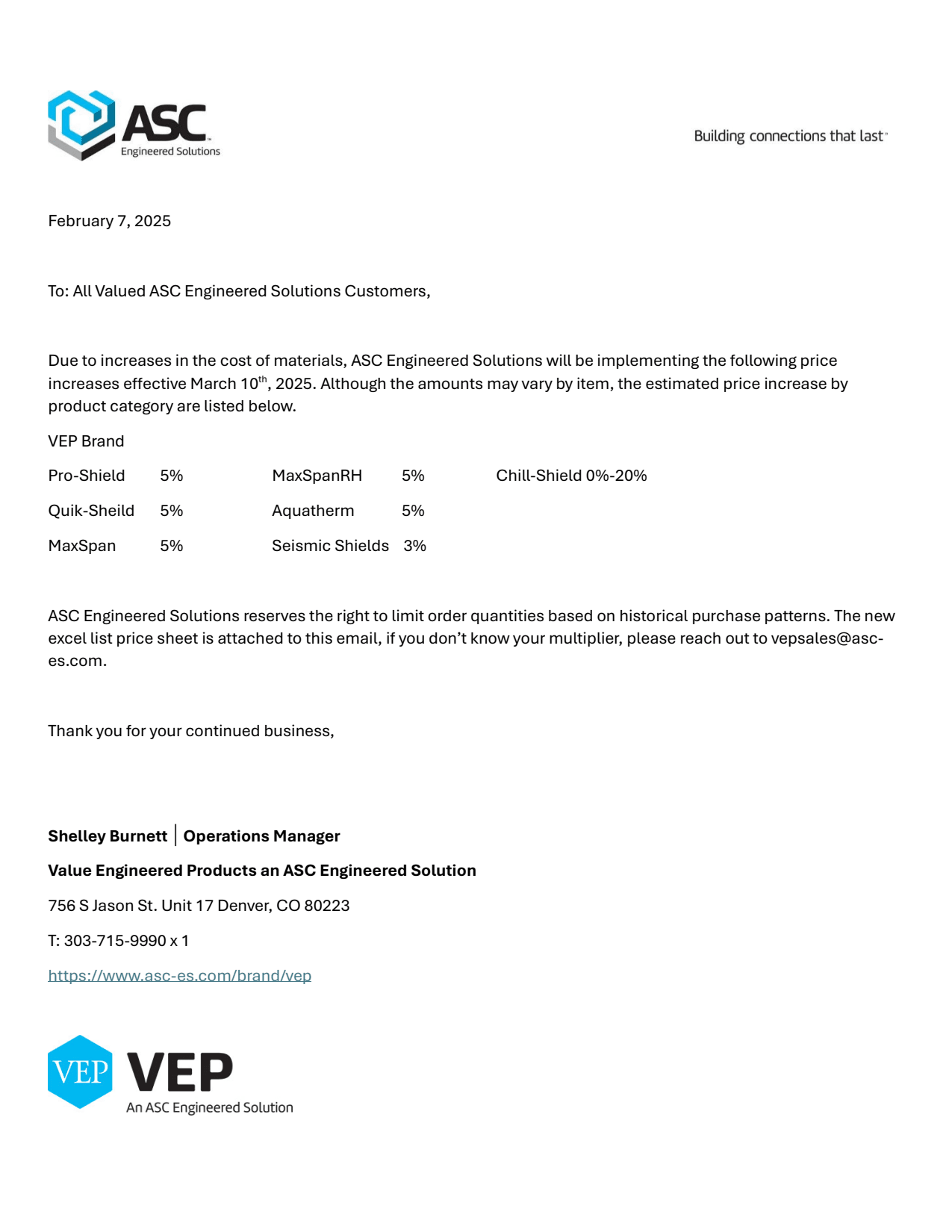 Letter from ASC announcing a price increase.
