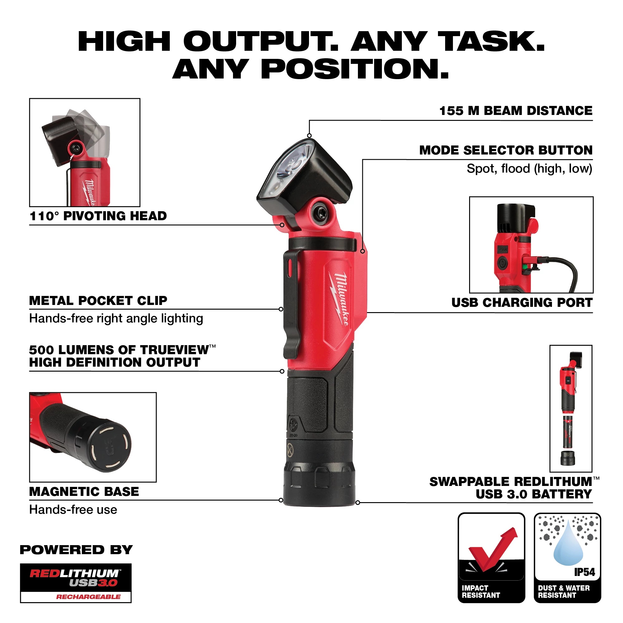 milwaukee 2113-20 flashlight 2113-21 500-Lumen Redlithium USB Rechargeable Pivoting meter (377 feet) spot beam distance Milwaukee USB Rechargeable Pivoting LED