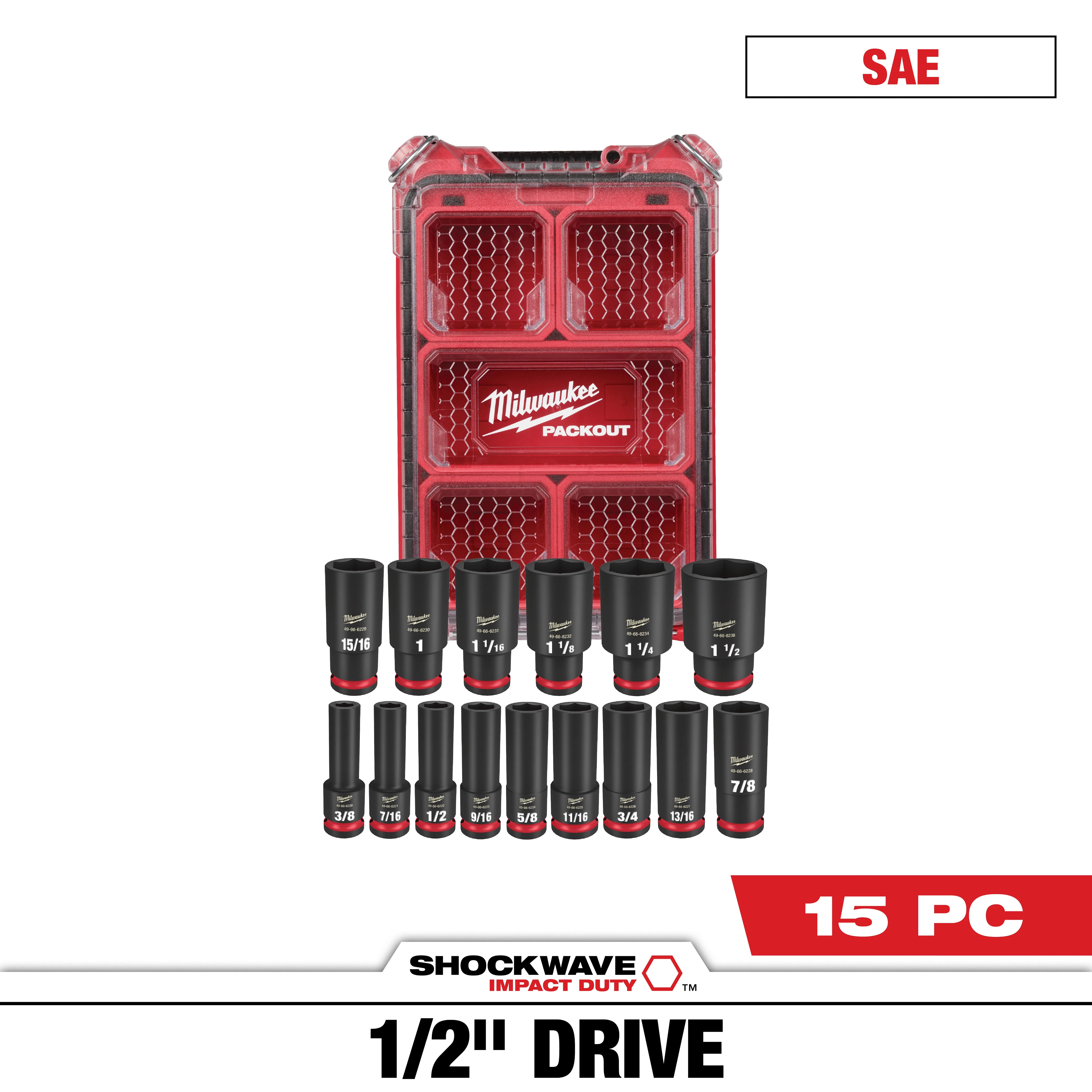 MILWAUKEE 49-66-6802 SHOCKWAVE IMP 1/2 DR 15PC SAE PO SET | Bartle
