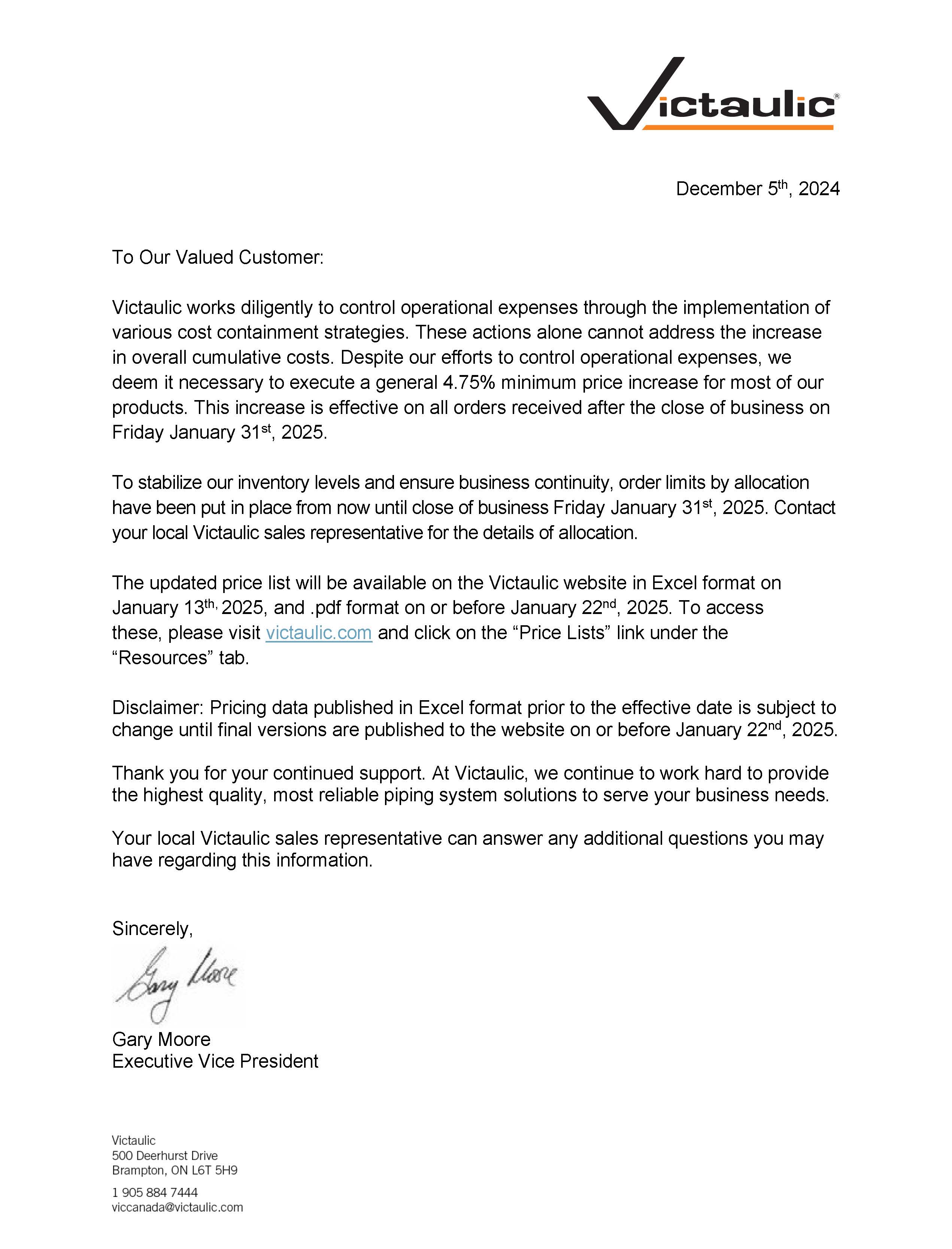 Letter from Victaulic announcing a price increase.