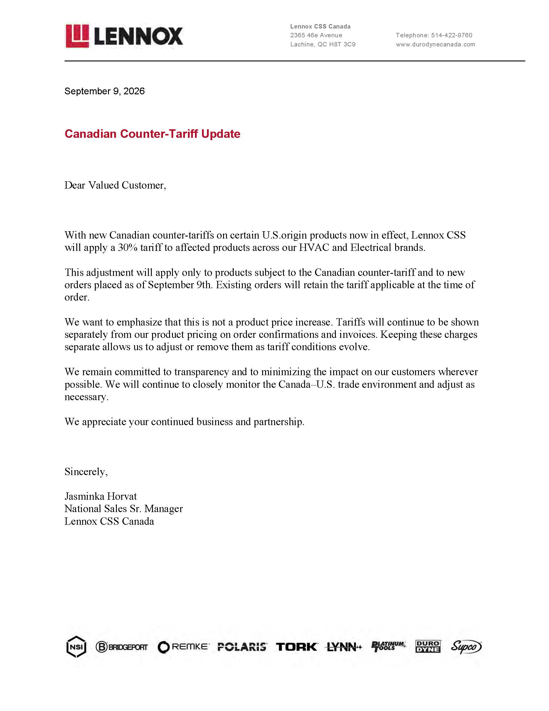 Tariff Increase Notice