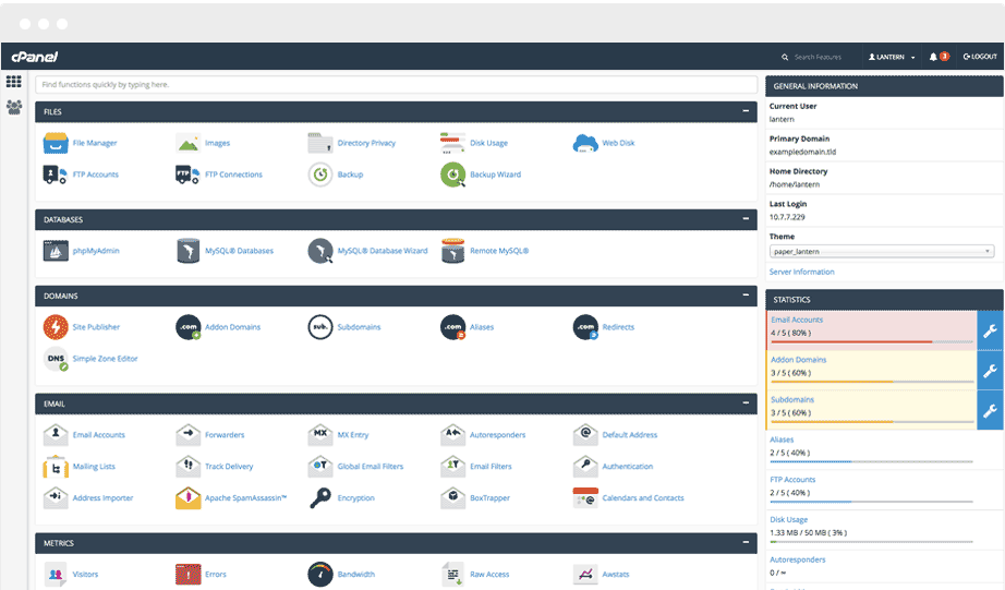 CPanel dashboard