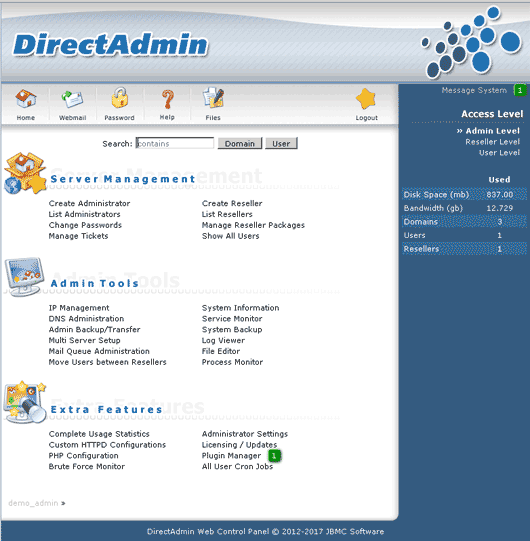 Directadmin dashboard