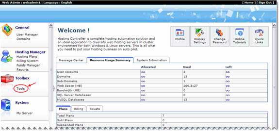 Hosting Controller dashboard