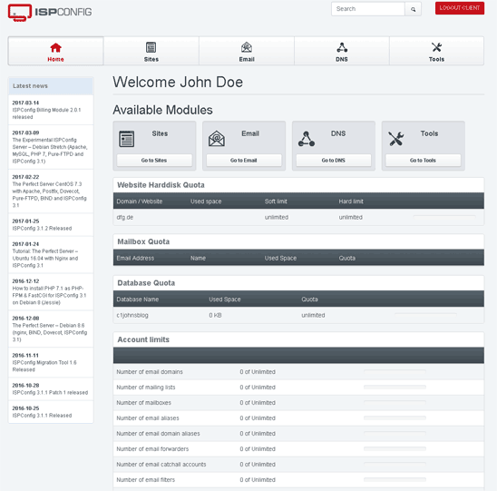 ISPConfig dashboard