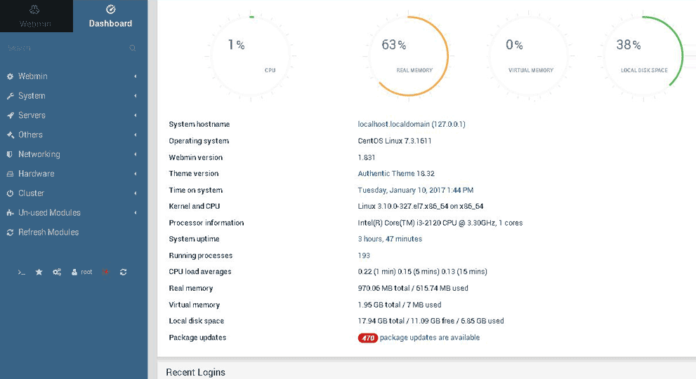 Webmin dashboard