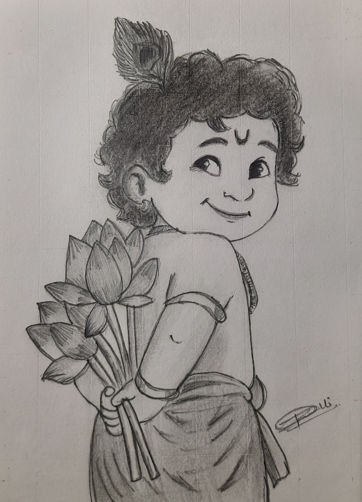 Little Krishna Pencil Sketch realistic pencil sketch artwork by Poonam Mandloi