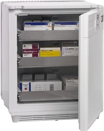Medikamentenkühlschrank gemäß DIN 13277 zur Lagerung von kühlpflichtigen Präparaten zwischen 2 °C und 8 °C.