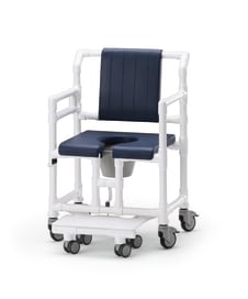 Multifunktionaler Dusch-Toiletten-Rollstuhl (inkl. Eimer) mit Polstersitz mit Pflegeöffnung aus PUR-Schaum (PR).