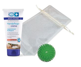 Geschenkset Handpflege WiBUplus Handpflegecreme 100 ml, Igel-Massageball (Ø 7 cm), Organzabeutel Creme