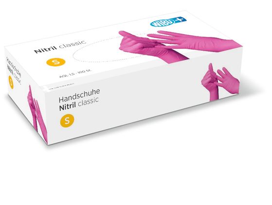 WiBUplus Nitril-Handschuhe classic pink (100er-Pack): Einmal-Handschuhe aus Nitril, unsteril und puderfrei.
␍ Bild 1