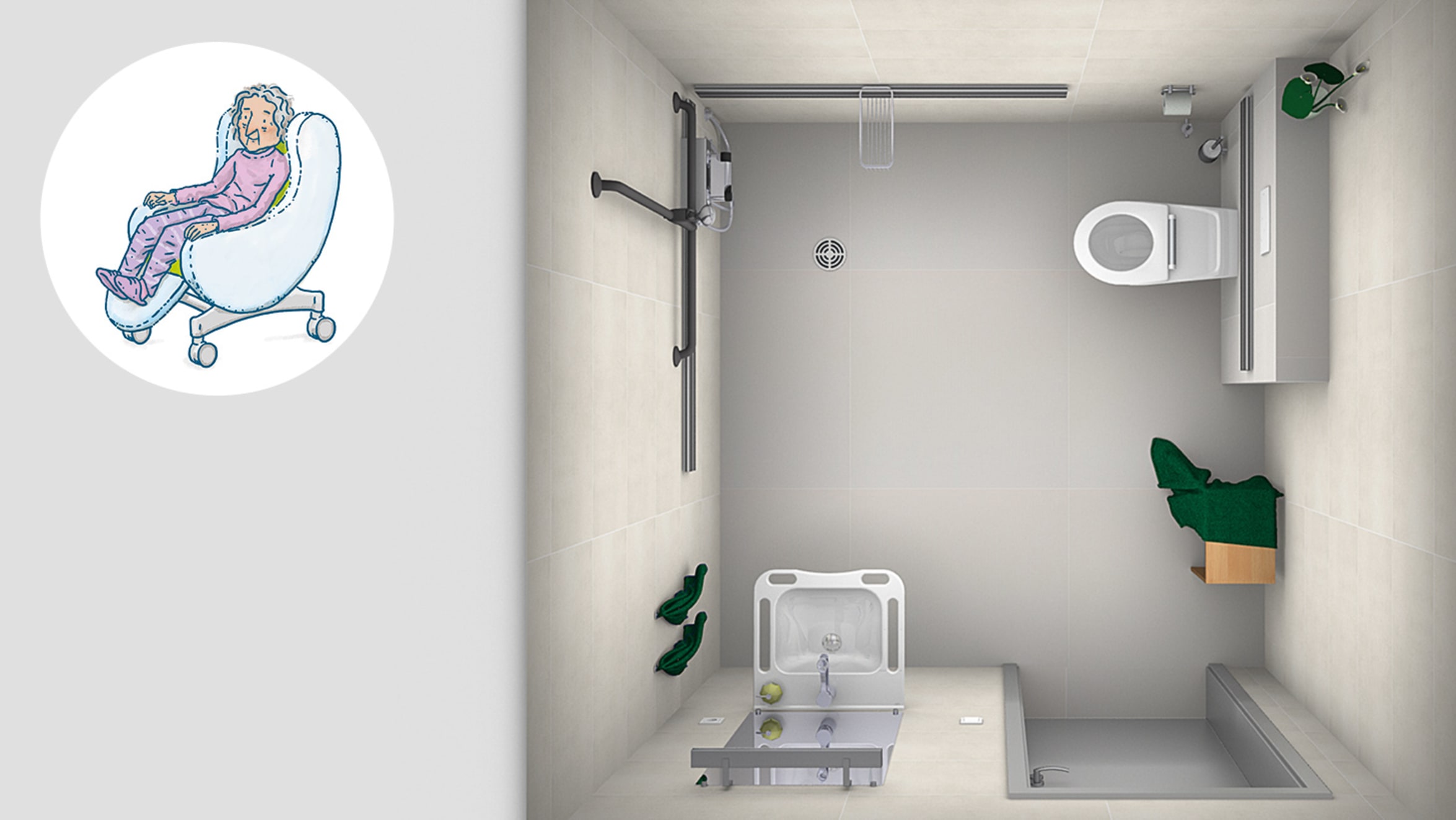 Barrierefreies Badezimmer für stark in Ihrer Mobilität eingeschränkte Bewohner