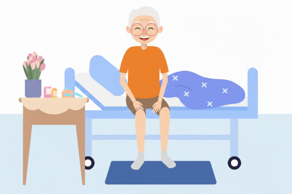 Opa sitzt am Bettrand und will aufstehen