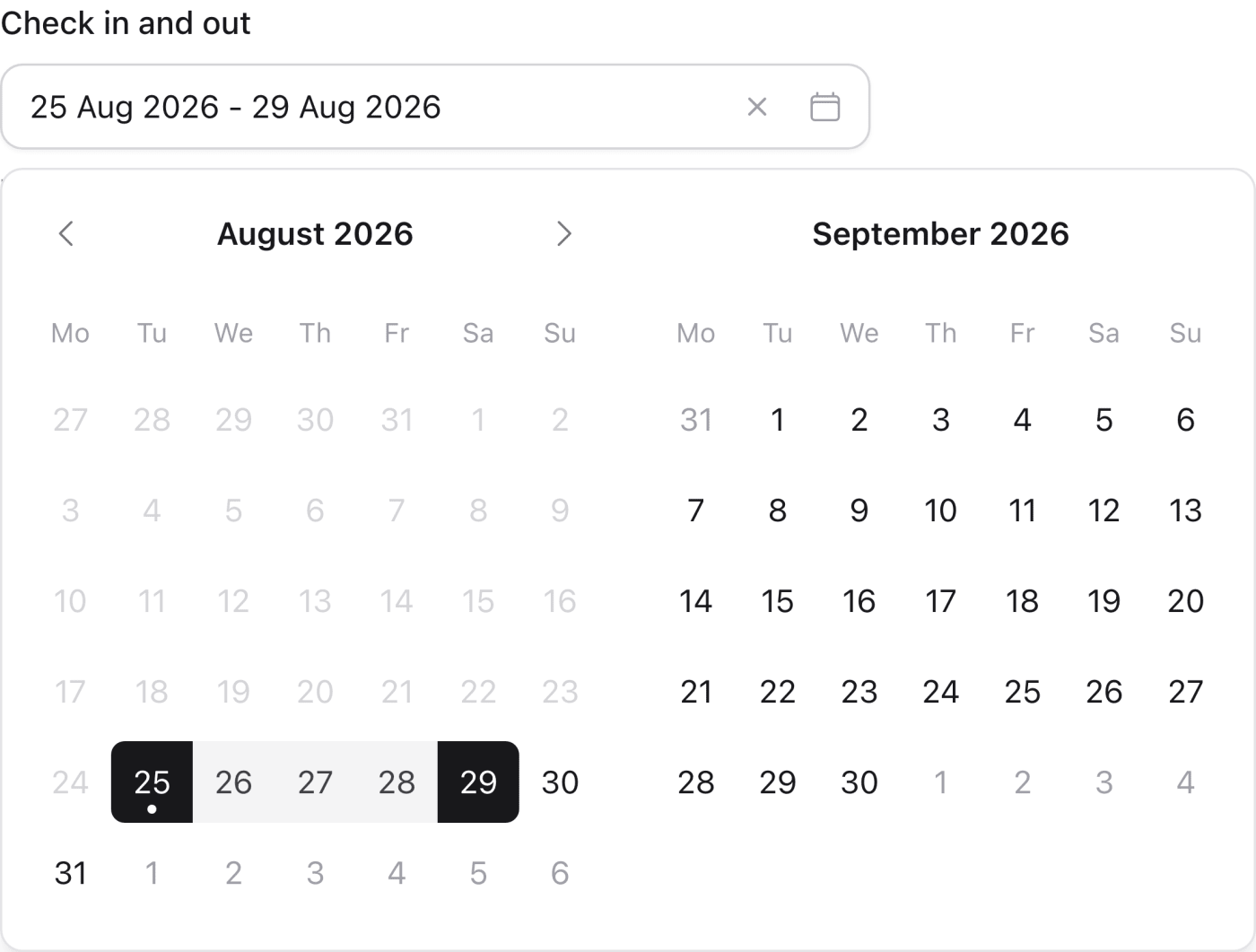The date picker open on a two-month range view