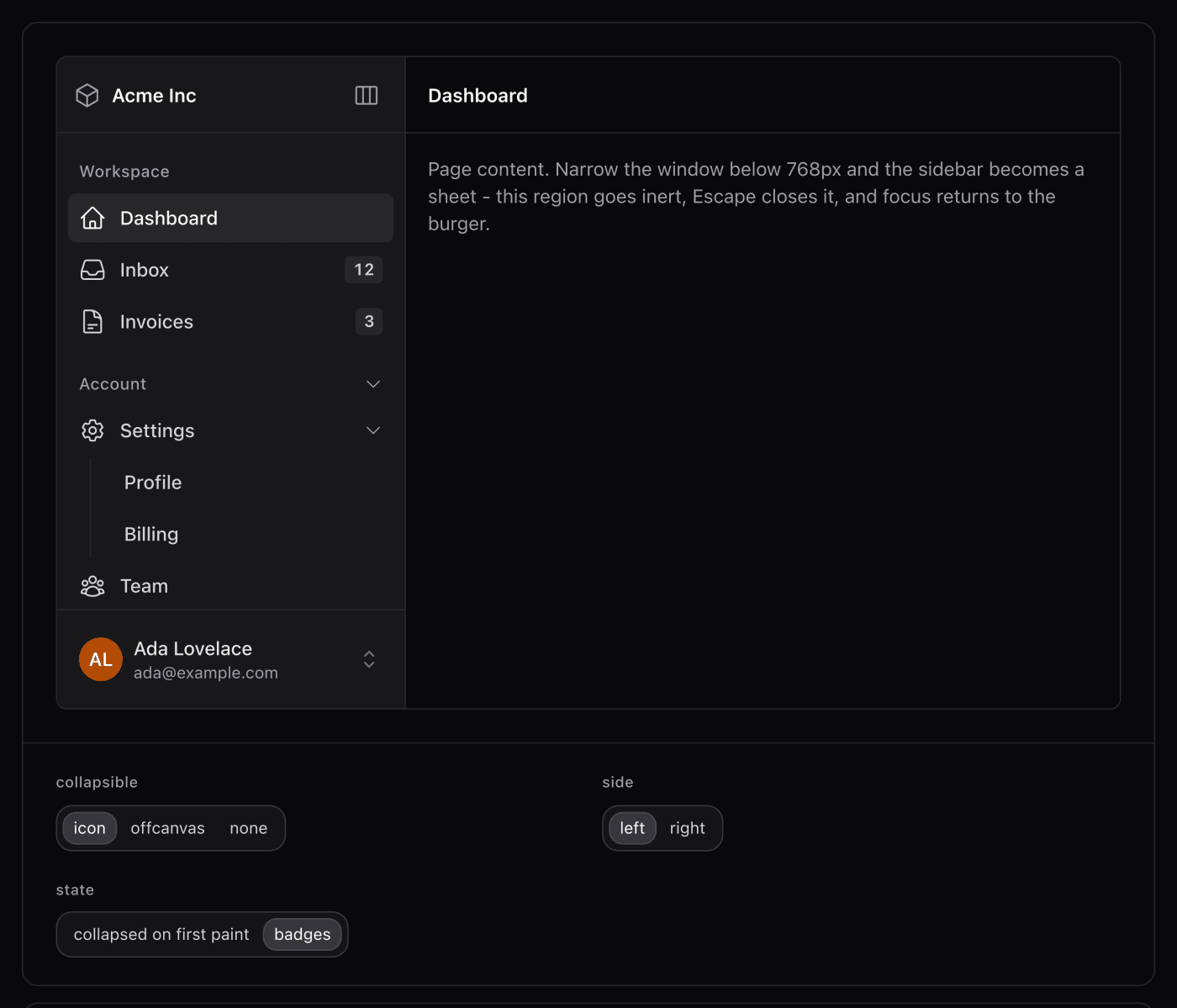The sidebar shell with grouped navigation, workspace switcher and user menu