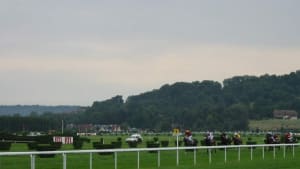 Un groupe de chevaux en course sur l'hippodrome de Deauville