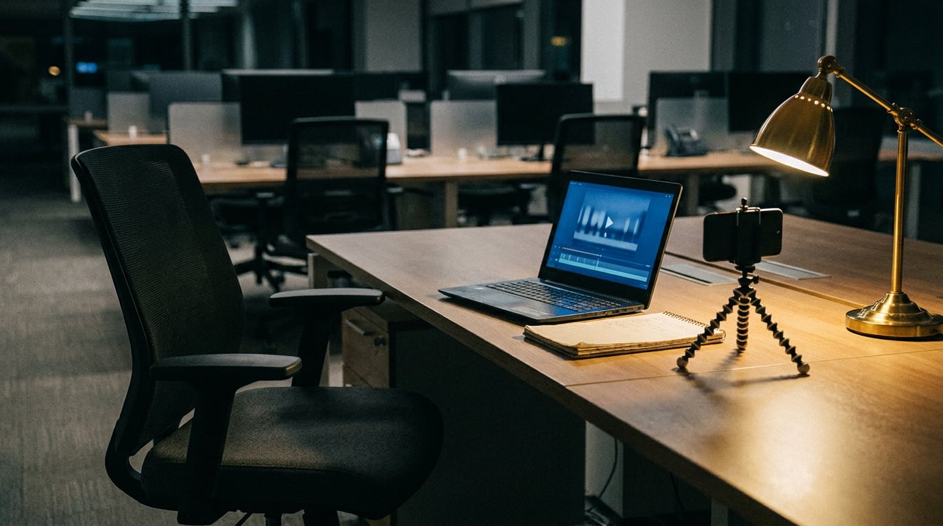 Salle de redaction vide la nuit, un ordinateur portable affiche une video en pause