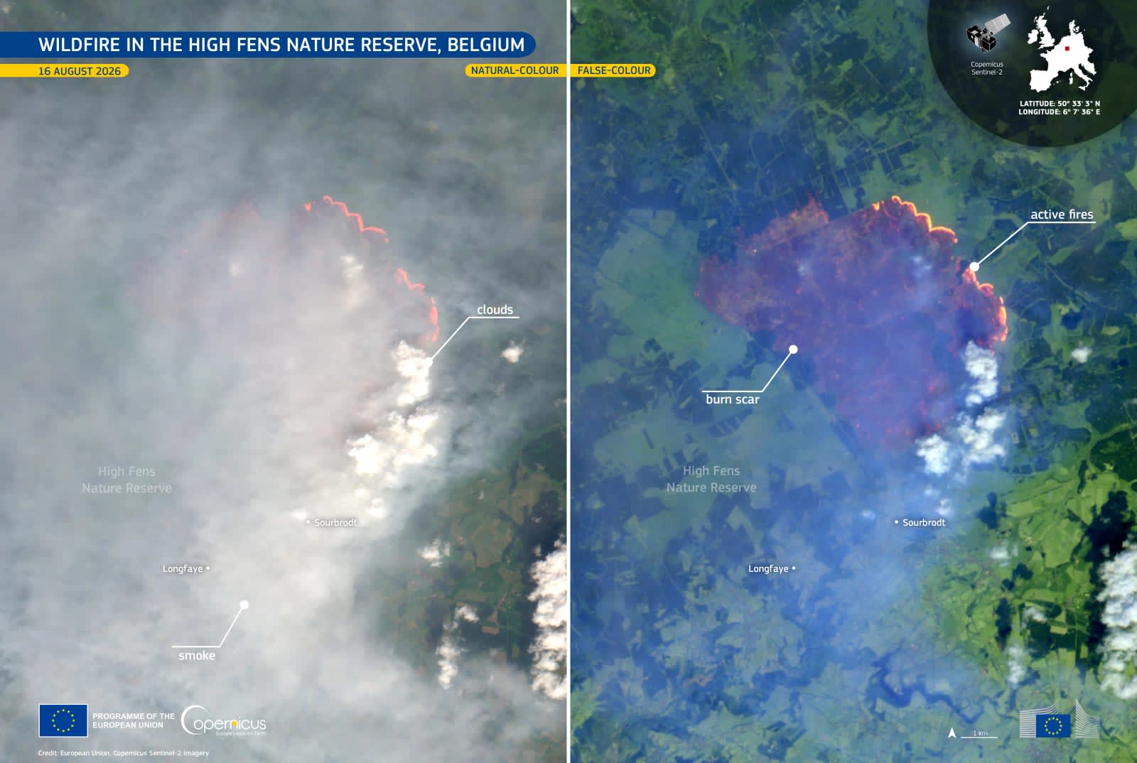 Incendie des Hautes-Fagnes en Belgique vu par satellite Copernicus Sentinel-2 le 16 août 2026