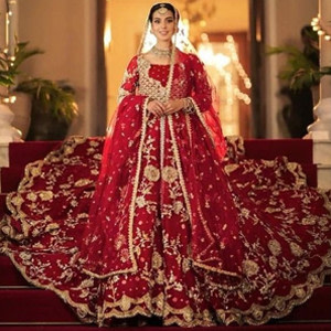 Bright Red Wedding Dress with Golden Embellishments Bright Red Wedding Dress with Golden Embellishments
