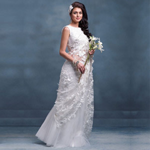White Christian Wedding Gown with Floral Embellishments over net White Christian Wedding Gown with Floral Embellishments over net