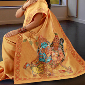 Fabric Mural Painting on a Light Color Saree