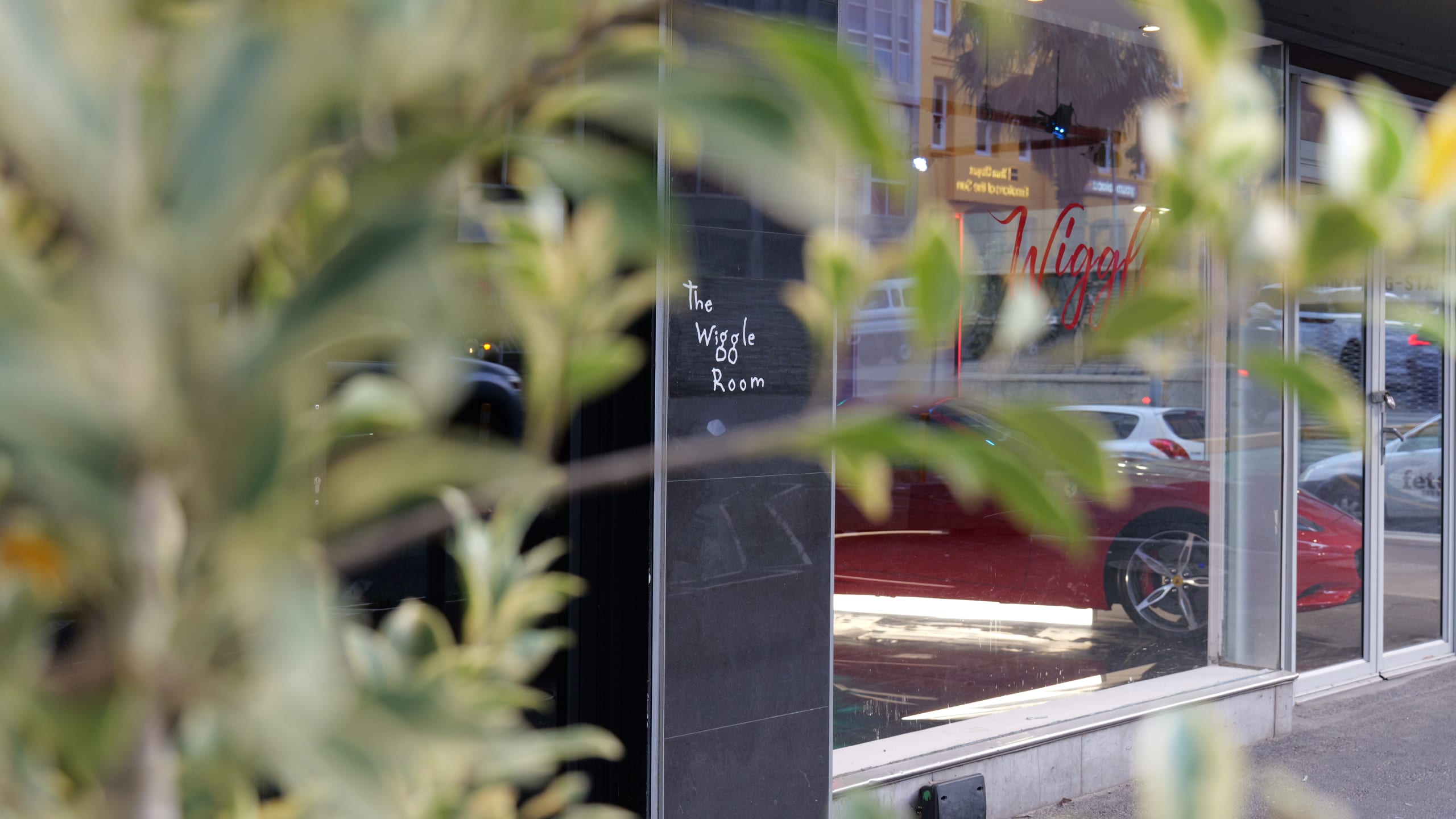The Wiggle Room entrance seen through foliage on Bree Street.