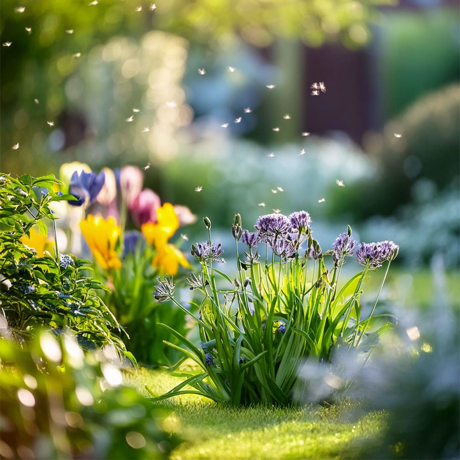 Close-up van jonge planten en bloemen met waterdruppels – symboliseert duurzaam tuinonderhoud