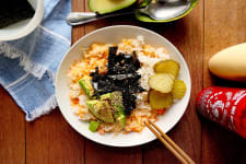 seafood rice bowl with cold smoked white fish