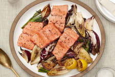 salmon sheet pan meal with roasted radicchio and citrus