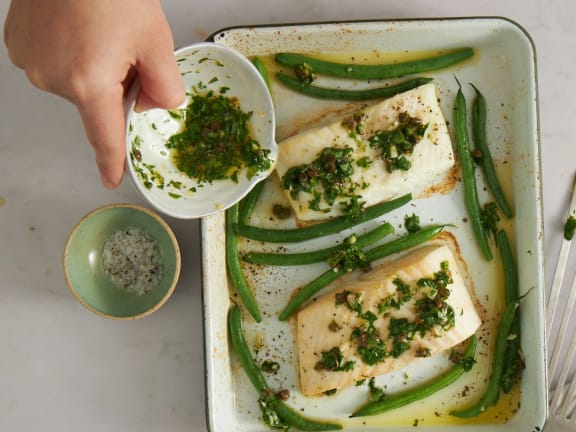 broiled pacific halibut with briny salsa verde