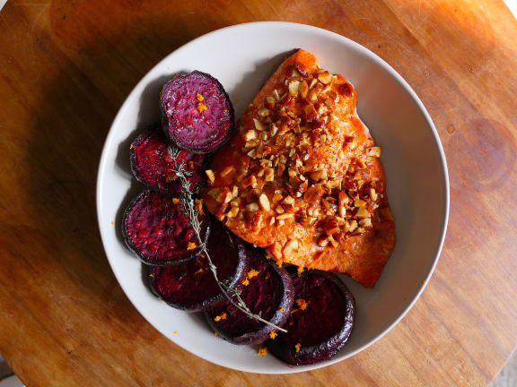 almond crusted salmon with beets