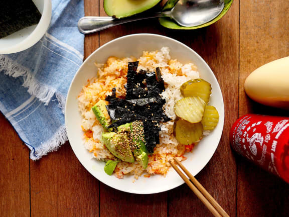 smoked white fish rice bowl with cold smoked sablefish or cold smoked pacific halibut