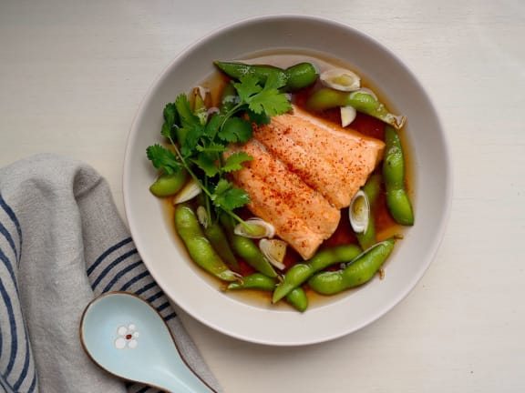 poached salmon and veggies